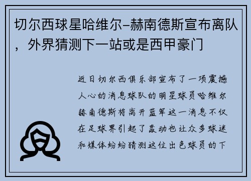 切尔西球星哈维尔-赫南德斯宣布离队，外界猜测下一站或是西甲豪门