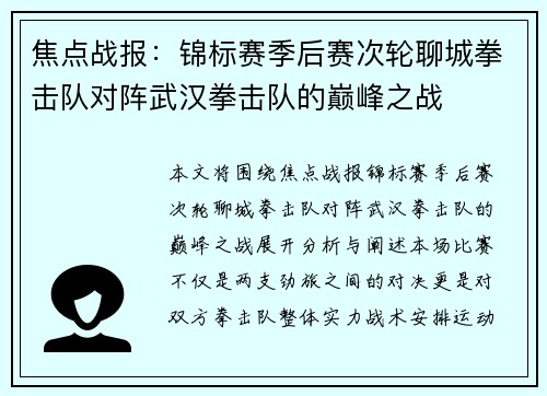 焦点战报：锦标赛季后赛次轮聊城拳击队对阵武汉拳击队的巅峰之战