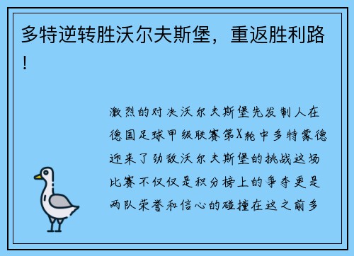 多特逆转胜沃尔夫斯堡，重返胜利路！