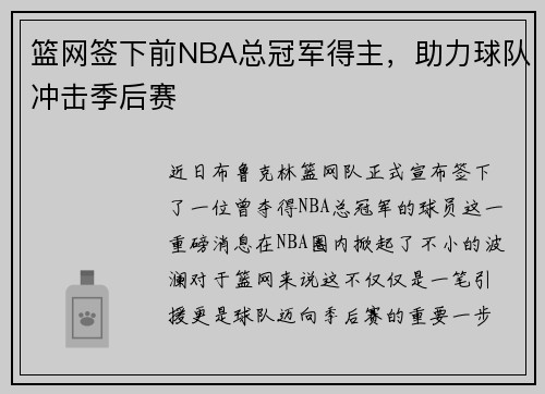 篮网签下前NBA总冠军得主，助力球队冲击季后赛